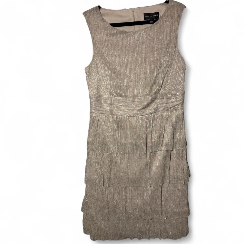 Connected Apparel Shimmering Asymmetrical Dress in Metallic Beige